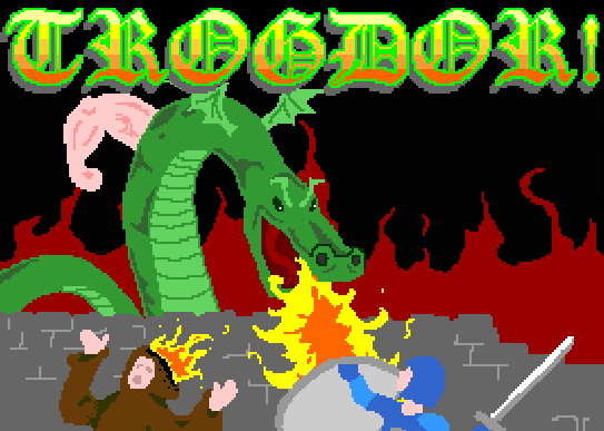 Pixel art of Trogdor burning knights and peasants
